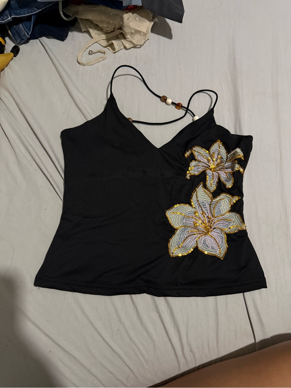 Black Floral Embellished Spaghetti Strap Cami Top